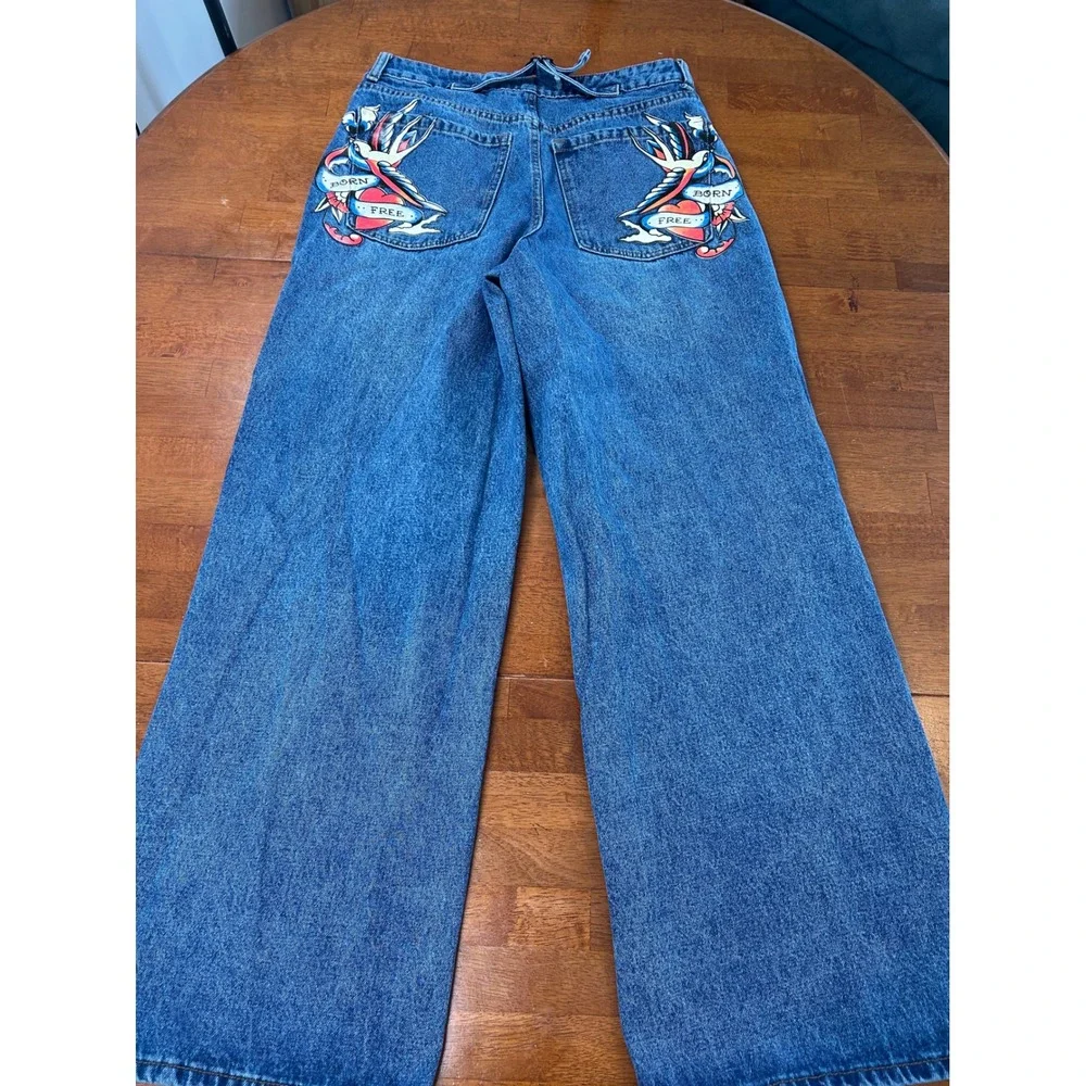 Vintage Ed Hardy Wide Leg Jeans Mens 30 Blue Graphic Tattoo Baggy Denim Y2K